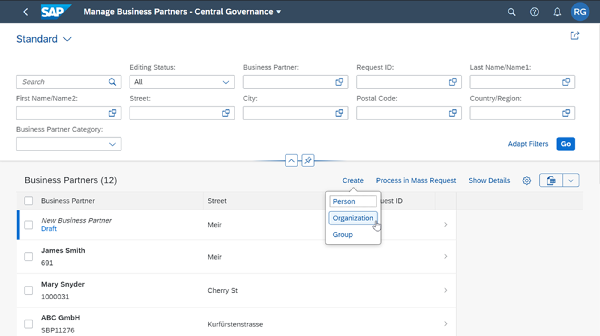 The Business Partner Central Governance Application Where Business Partners Can Be Searched And Change Requests Started