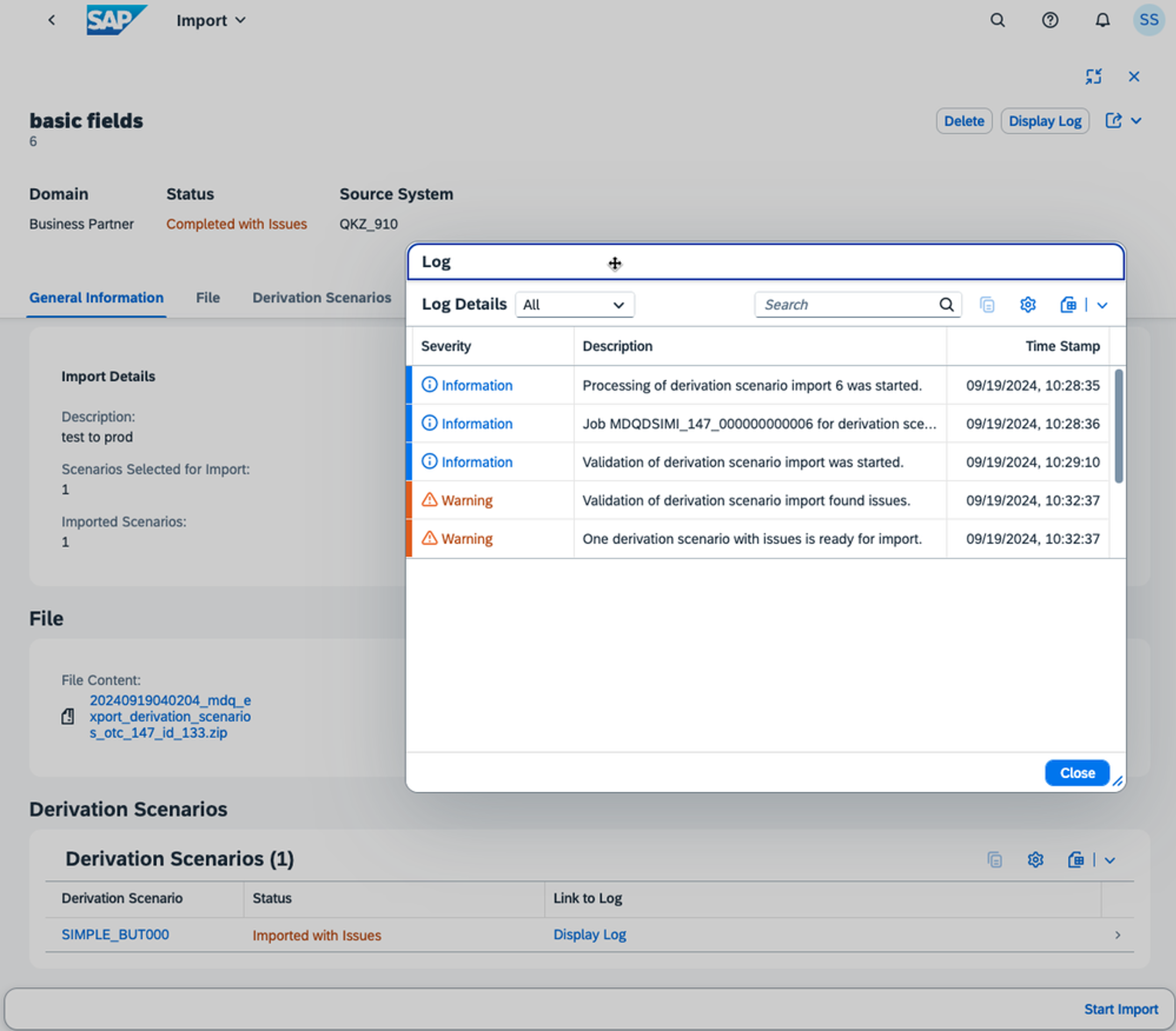 Figure 13 Importing Derivation Scenarios Log Details